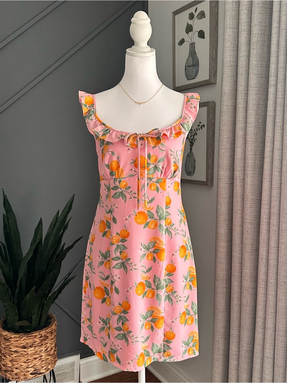 City Studio Coquette Pink Tropical Mini Dress with Orange Fruit Print